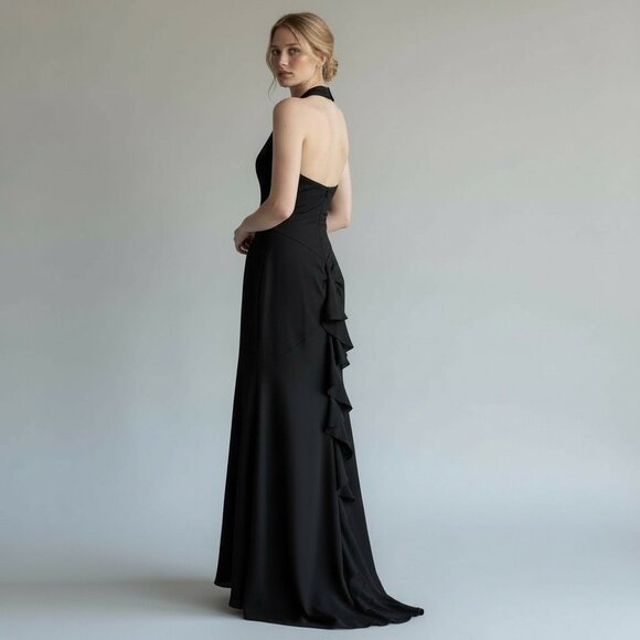 Vintage Y2K Betsy & Adam Black Halter Ruffle Back Long Gown Black Tie Dress Sz 4 - Picture 1 of 10
